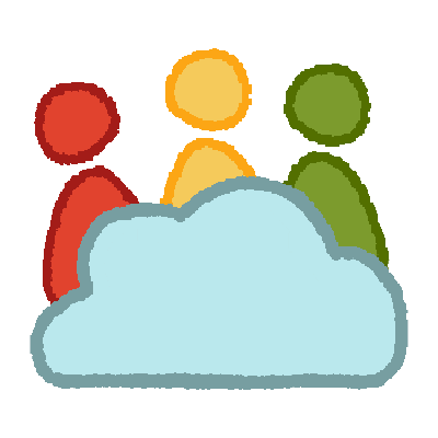 a simple drawing of a light blue cloud, with three figures sitting behind and above it. from left to right, the figures are red, yellow, and green.